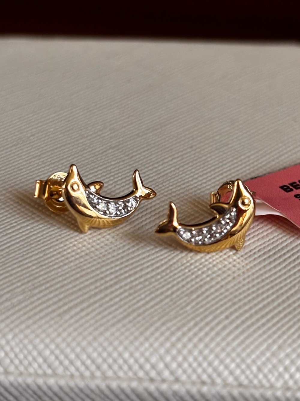 Gold Dolphin Stud Earrings with lab grown diamond Accents